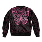 New Zealand Breast Cancer Awareness Sleeve Zip Bomber Jacket Maori Butterfly Pink Ribbon Black Version - Aussie Hoodie