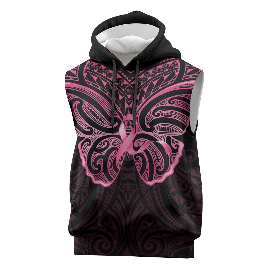 New Zealand Breast Cancer Awareness Sleeveless Hoodie Maori Butterfly Pink Ribbon Black Version - Aussie Hoodie