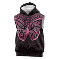 New Zealand Breast Cancer Awareness Sleeveless Hoodie Maori Butterfly Pink Ribbon Black Version - Aussie Hoodie
