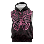New Zealand Breast Cancer Awareness Sleeveless Hoodie Maori Butterfly Pink Ribbon Black Version - Aussie Hoodie