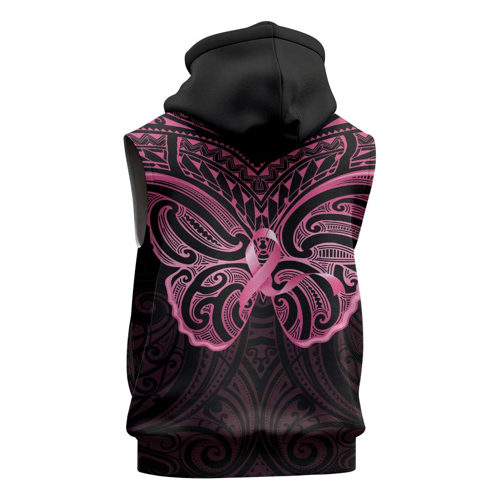 New Zealand Breast Cancer Awareness Sleeveless Hoodie Maori Butterfly Pink Ribbon Black Version - Aussie Hoodie