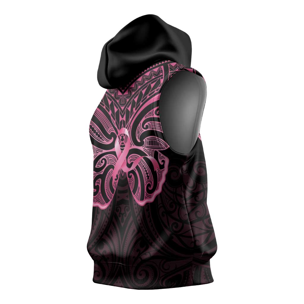 New Zealand Breast Cancer Awareness Sleeveless Hoodie Maori Butterfly Pink Ribbon Black Version - Aussie Hoodie