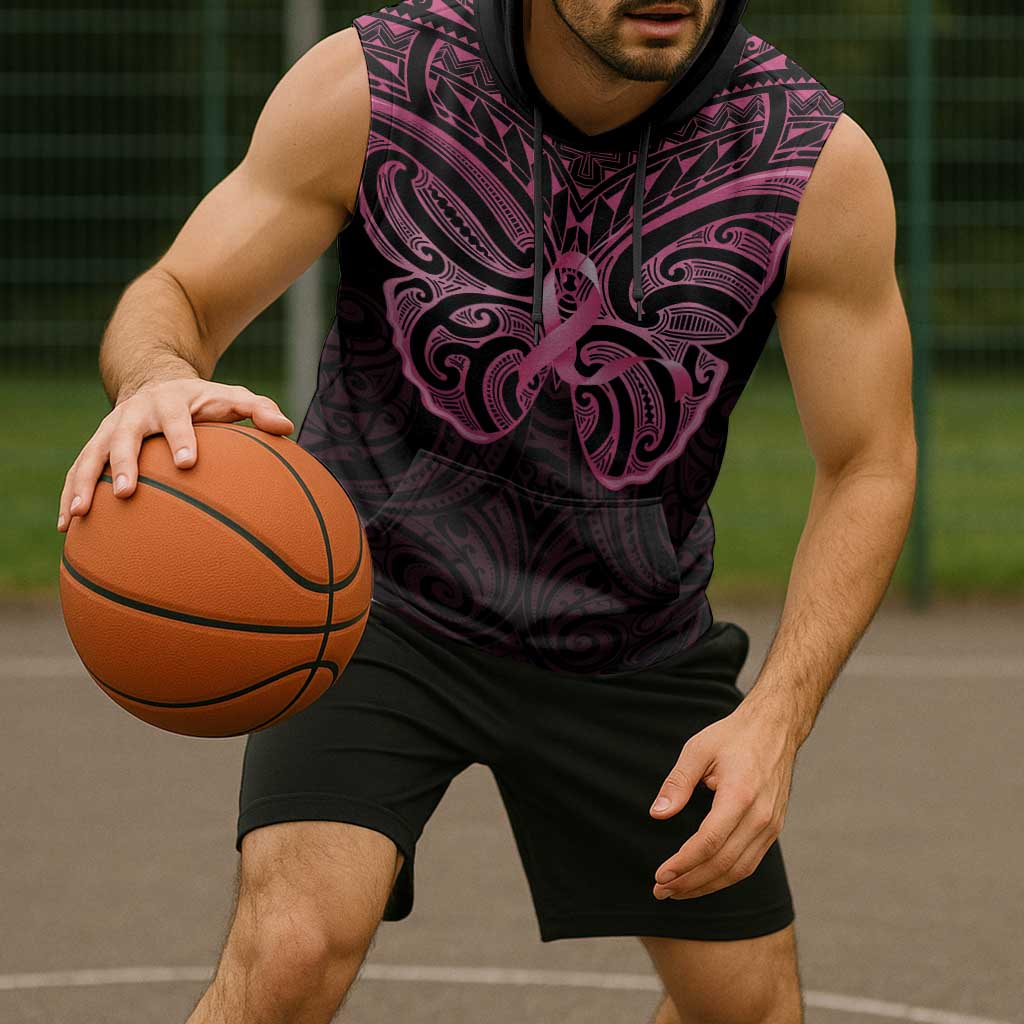 New Zealand Breast Cancer Awareness Sleeveless Hoodie Maori Butterfly Pink Ribbon Black Version - Aussie Hoodie