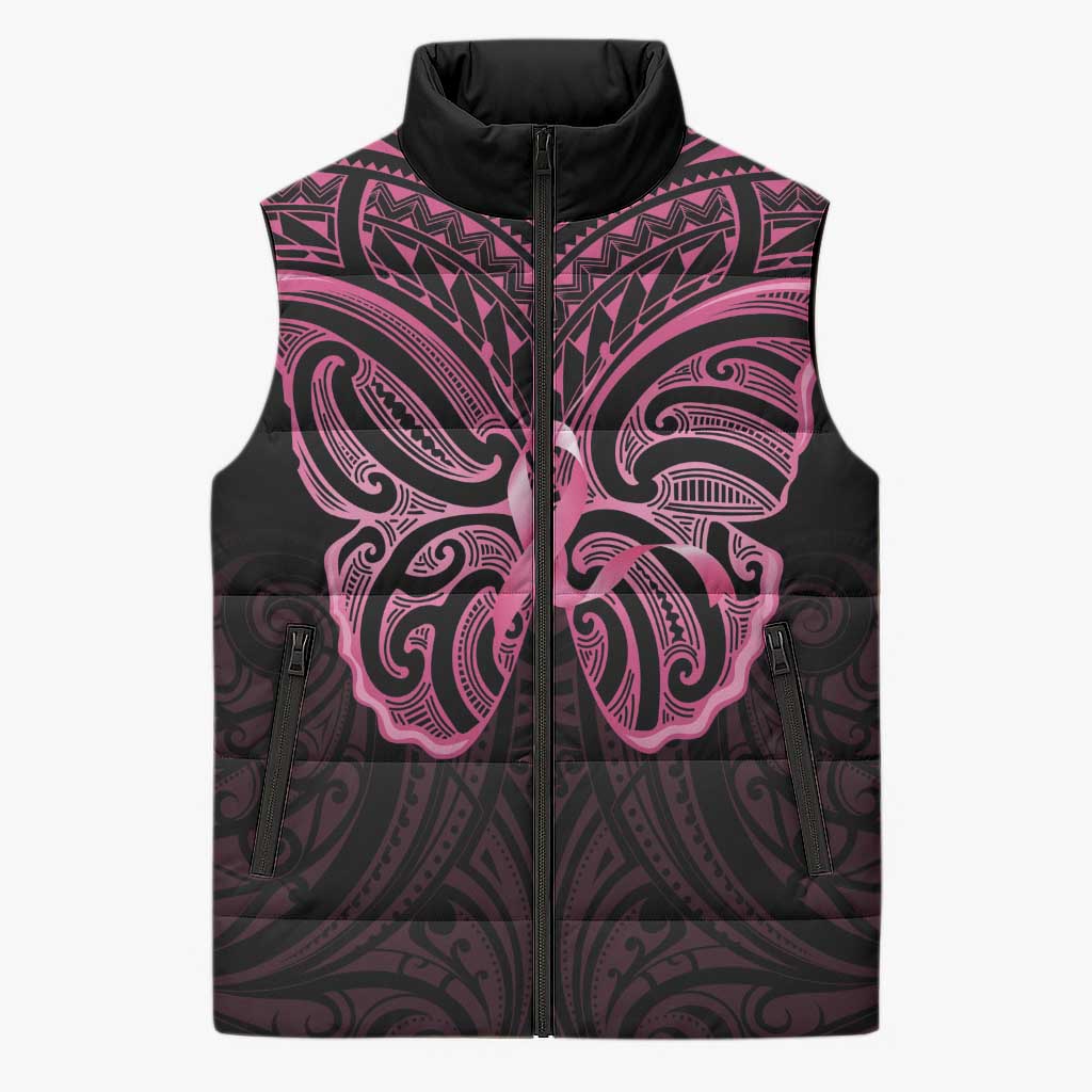 New Zealand Breast Cancer Awareness Sleeveless Puffer Jacket Maori Butterfly Pink Ribbon Black Version - Aussie Hoodie
