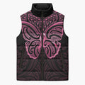 New Zealand Breast Cancer Awareness Sleeveless Puffer Jacket Maori Butterfly Pink Ribbon Black Version - Aussie Hoodie