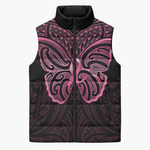 New Zealand Breast Cancer Awareness Sleeveless Puffer Jacket Maori Butterfly Pink Ribbon Black Version - Aussie Hoodie