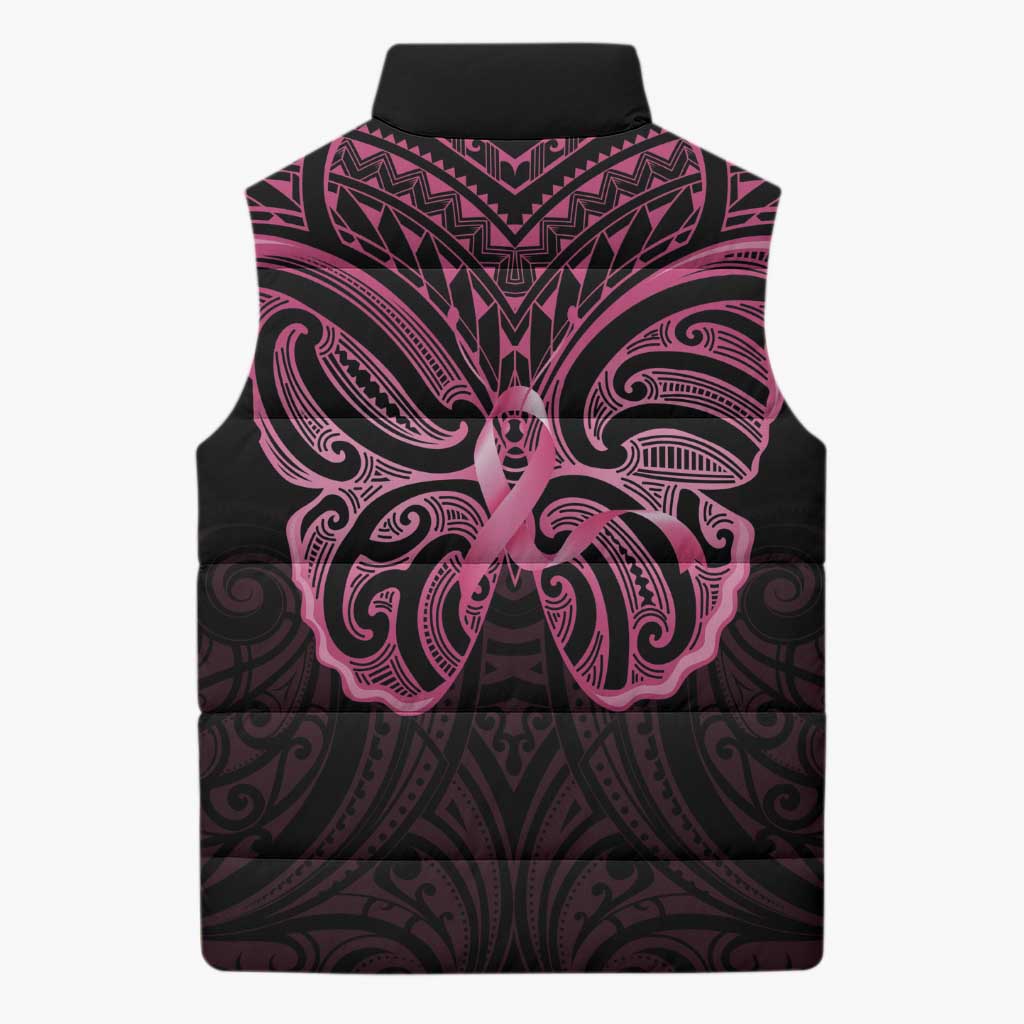 New Zealand Breast Cancer Awareness Sleeveless Puffer Jacket Maori Butterfly Pink Ribbon Black Version - Aussie Hoodie