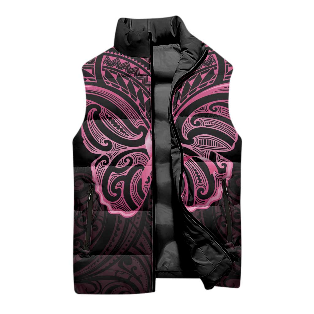 New Zealand Breast Cancer Awareness Sleeveless Puffer Jacket Maori Butterfly Pink Ribbon Black Version - Aussie Hoodie