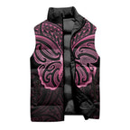 New Zealand Breast Cancer Awareness Sleeveless Puffer Jacket Maori Butterfly Pink Ribbon Black Version - Aussie Hoodie