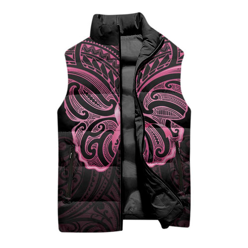 New Zealand Breast Cancer Awareness Sleeveless Puffer Jacket Maori Butterfly Pink Ribbon Black Version - Aussie Hoodie