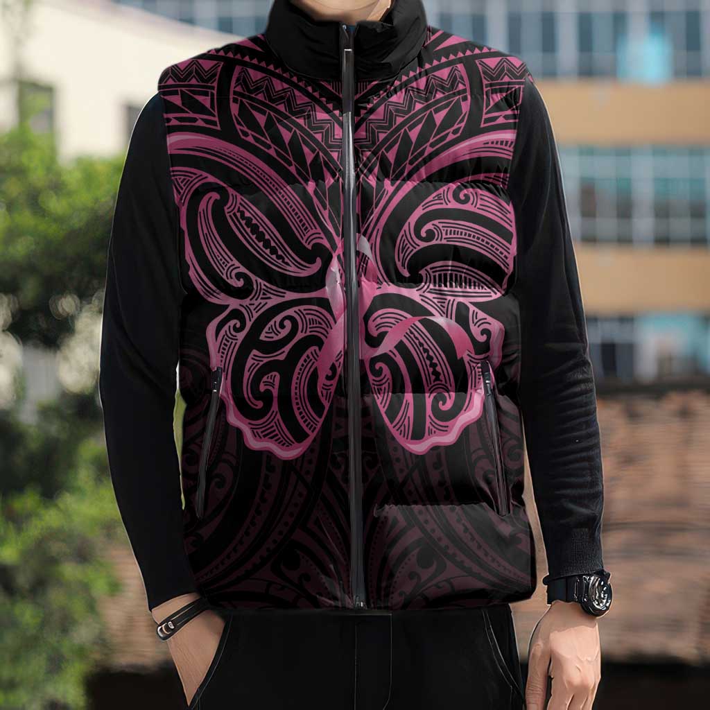 New Zealand Breast Cancer Awareness Sleeveless Puffer Jacket Maori Butterfly Pink Ribbon Black Version - Aussie Hoodie
