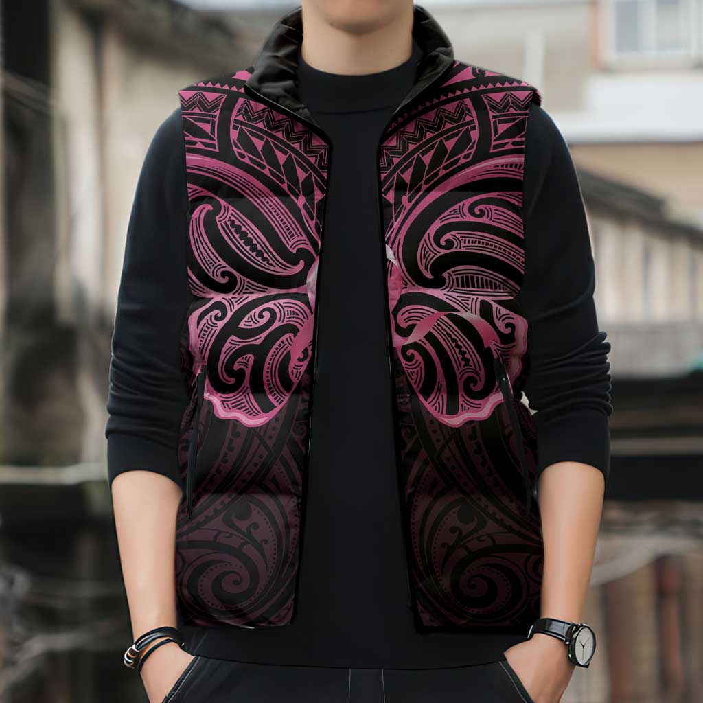 New Zealand Breast Cancer Awareness Sleeveless Puffer Jacket Maori Butterfly Pink Ribbon Black Version - Aussie Hoodie