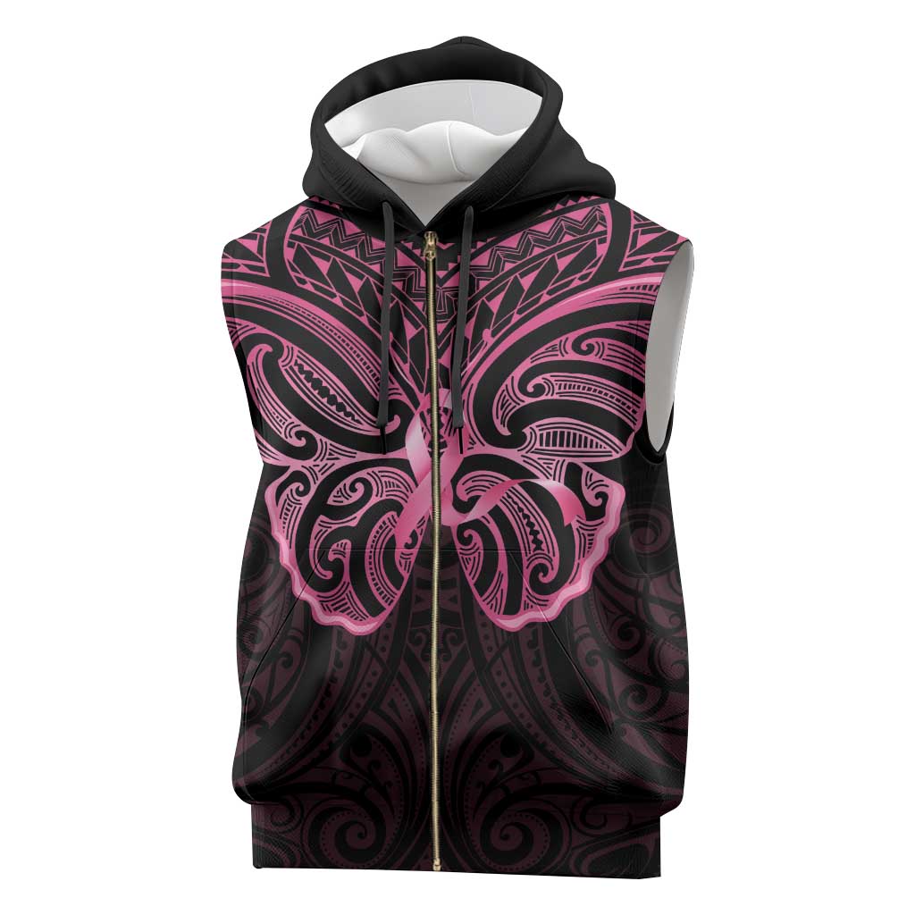 New Zealand Breast Cancer Awareness Sleeveless Zip Hoodie Maori Butterfly Pink Ribbon Black Version - Aussie Hoodie