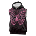 New Zealand Breast Cancer Awareness Sleeveless Zip Hoodie Maori Butterfly Pink Ribbon Black Version LT14