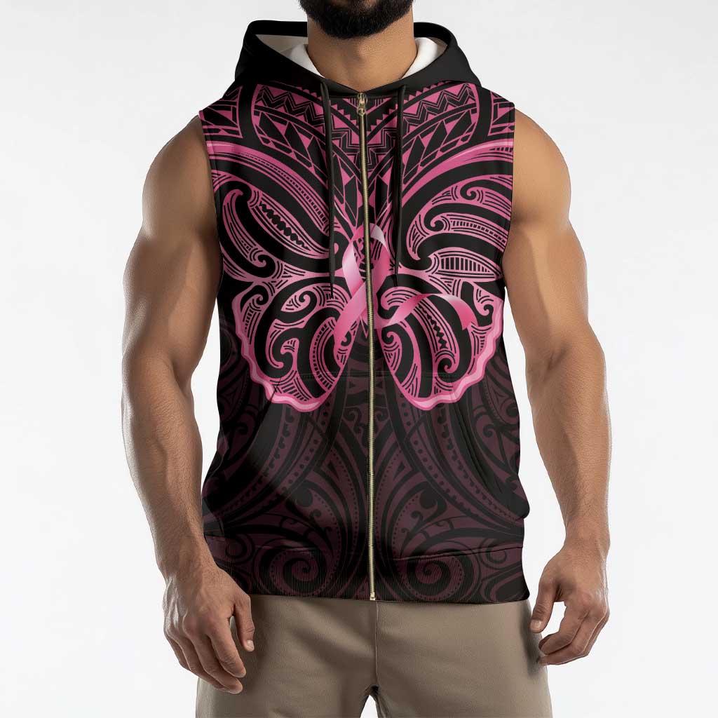 New Zealand Breast Cancer Awareness Sleeveless Zip Hoodie Maori Butterfly Pink Ribbon Black Version - Aussie Hoodie