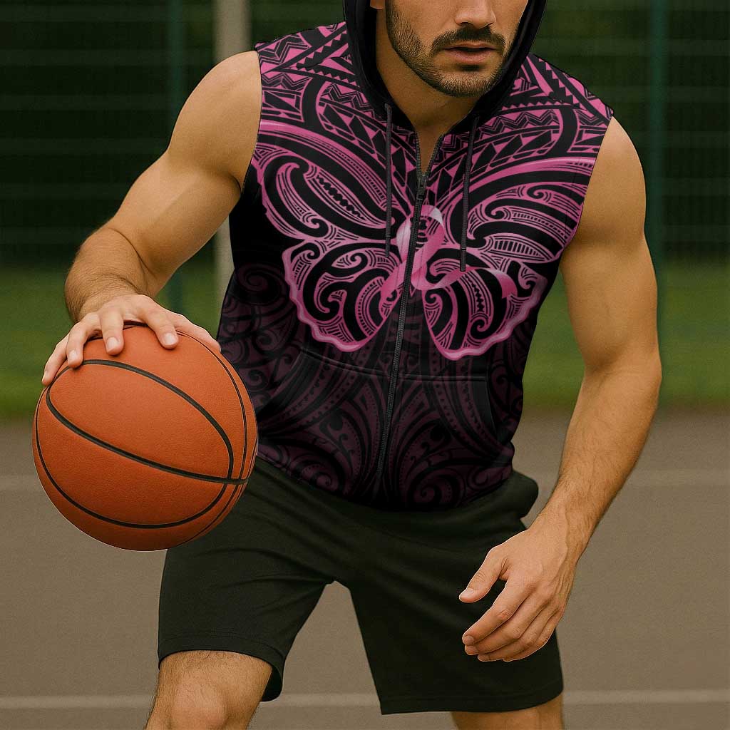 New Zealand Breast Cancer Awareness Sleeveless Zip Hoodie Maori Butterfly Pink Ribbon Black Version LT14