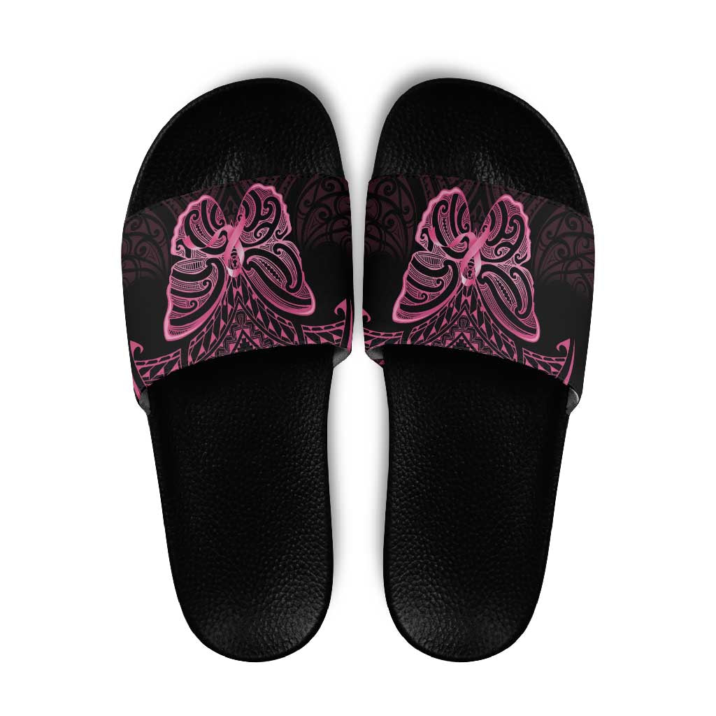New Zealand Breast Cancer Awareness Slide Sandals Maori Butterfly Pink Ribbon Black Version - Aussie Hoodie