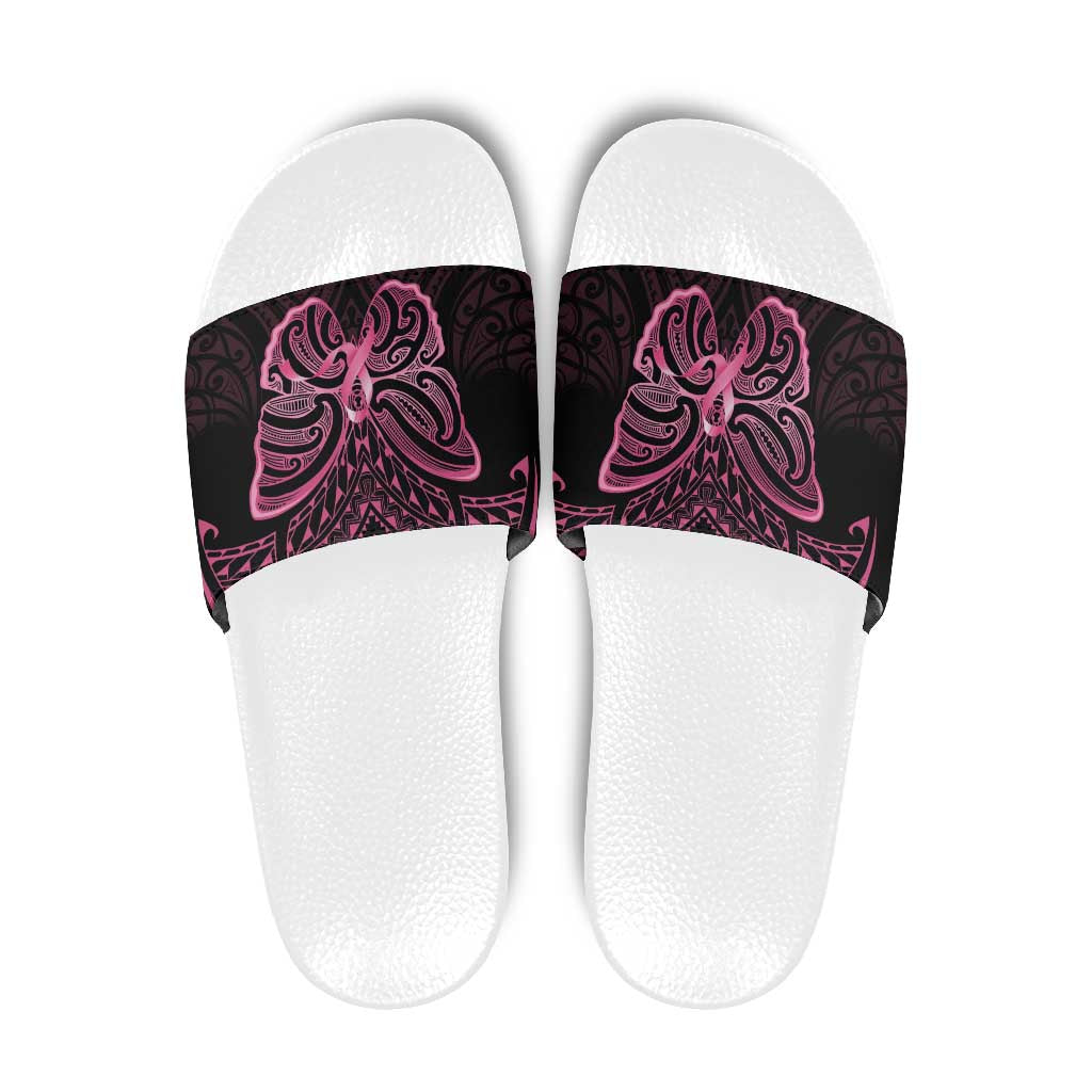 New Zealand Breast Cancer Awareness Slide Sandals Maori Butterfly Pink Ribbon Black Version - Aussie Hoodie