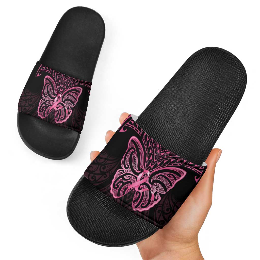 New Zealand Breast Cancer Awareness Slide Sandals Maori Butterfly Pink Ribbon Black Version - Aussie Hoodie