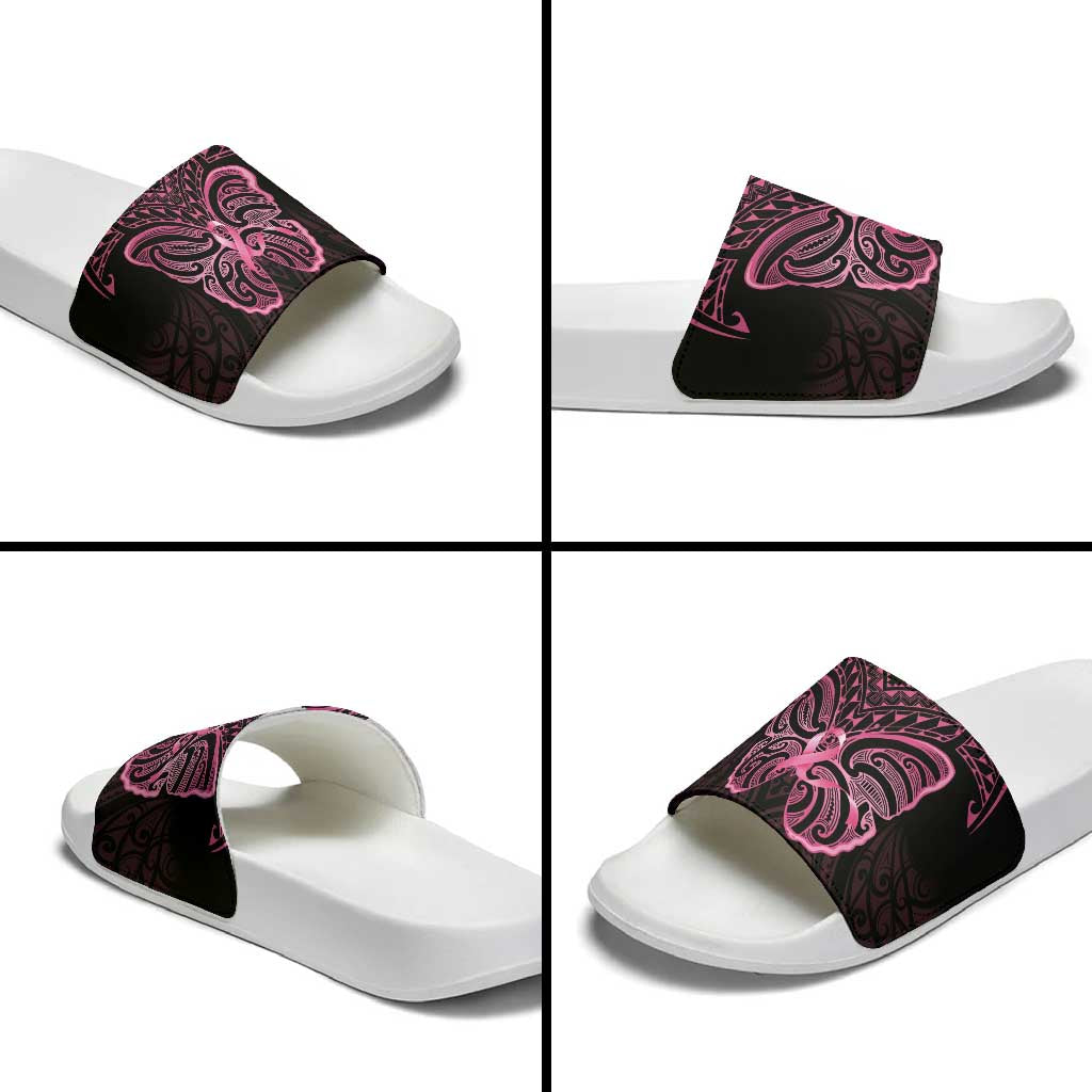 New Zealand Breast Cancer Awareness Slide Sandals Maori Butterfly Pink Ribbon Black Version - Aussie Hoodie