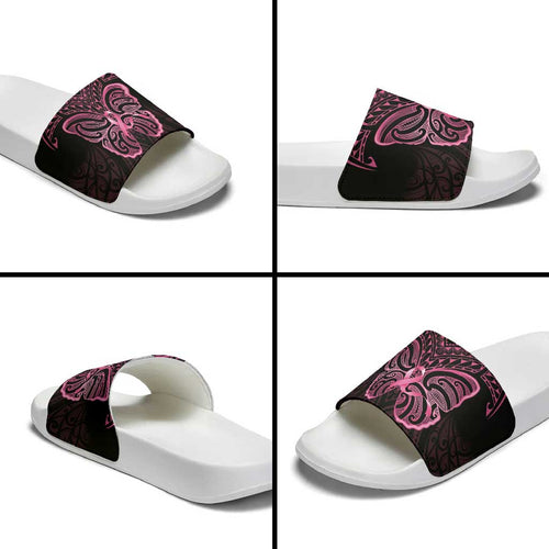 New Zealand Breast Cancer Awareness Slide Sandals Maori Butterfly Pink Ribbon Black Version - Aussie Hoodie