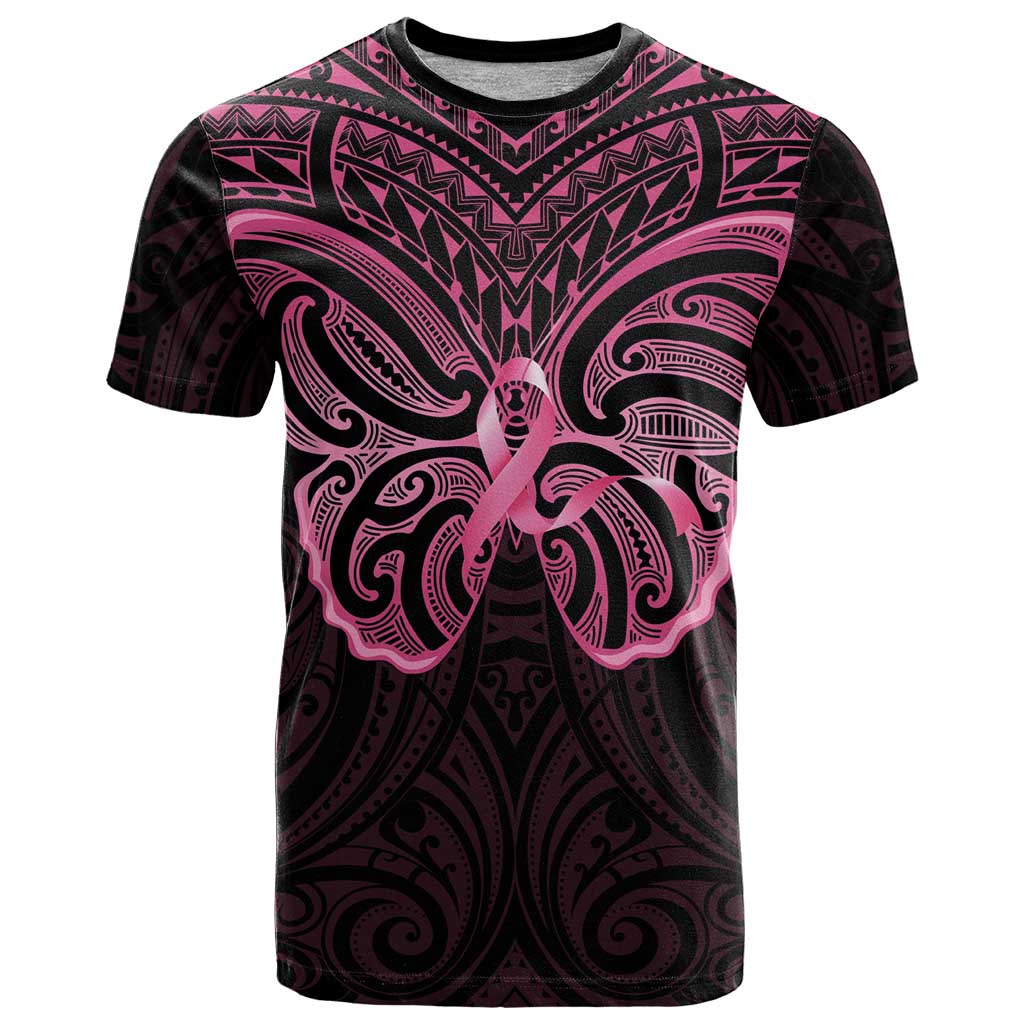 New Zealand Breast Cancer Awareness T Shirt Maori Butterfly Pink Ribbon Black Version - Aussie Hoodie