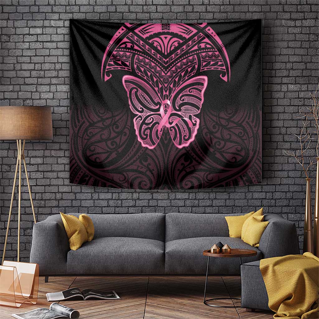 New Zealand Breast Cancer Awareness Tapestry Maori Butterfly Pink Ribbon Black Version - Aussie Hoodie