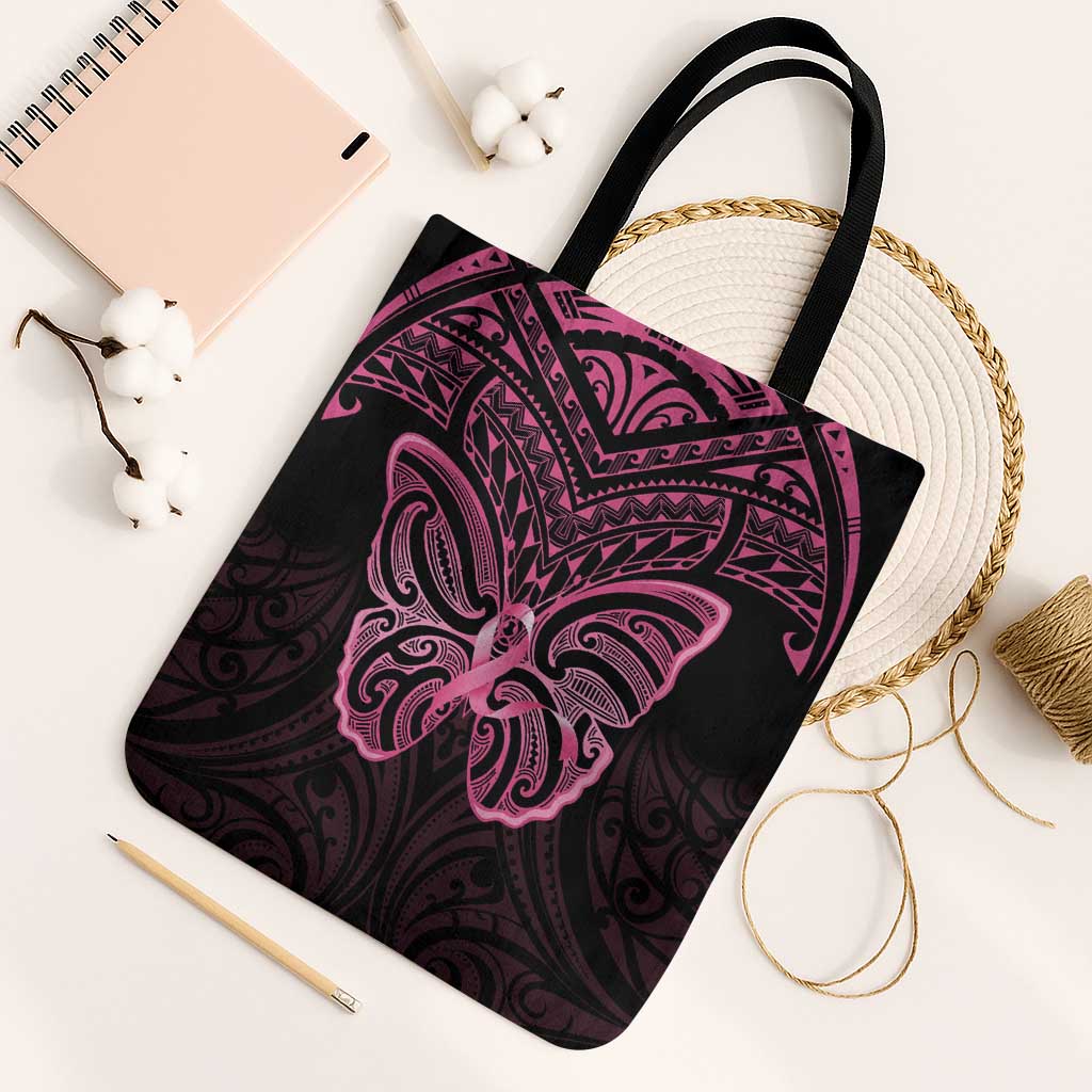 New Zealand Breast Cancer Awareness Tote Bag Maori Butterfly Pink Ribbon Black Version - Aussie Hoodie