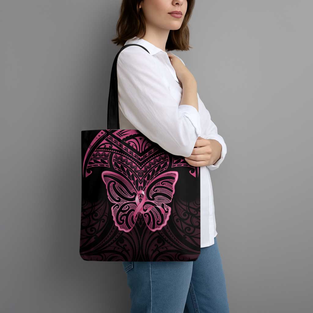 New Zealand Breast Cancer Awareness Tote Bag Maori Butterfly Pink Ribbon Black Version - Aussie Hoodie