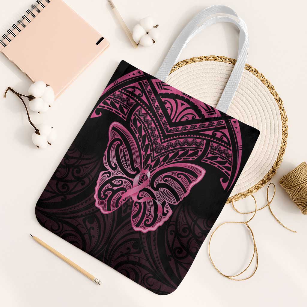 New Zealand Breast Cancer Awareness Tote Bag Maori Butterfly Pink Ribbon Black Version - Aussie Hoodie