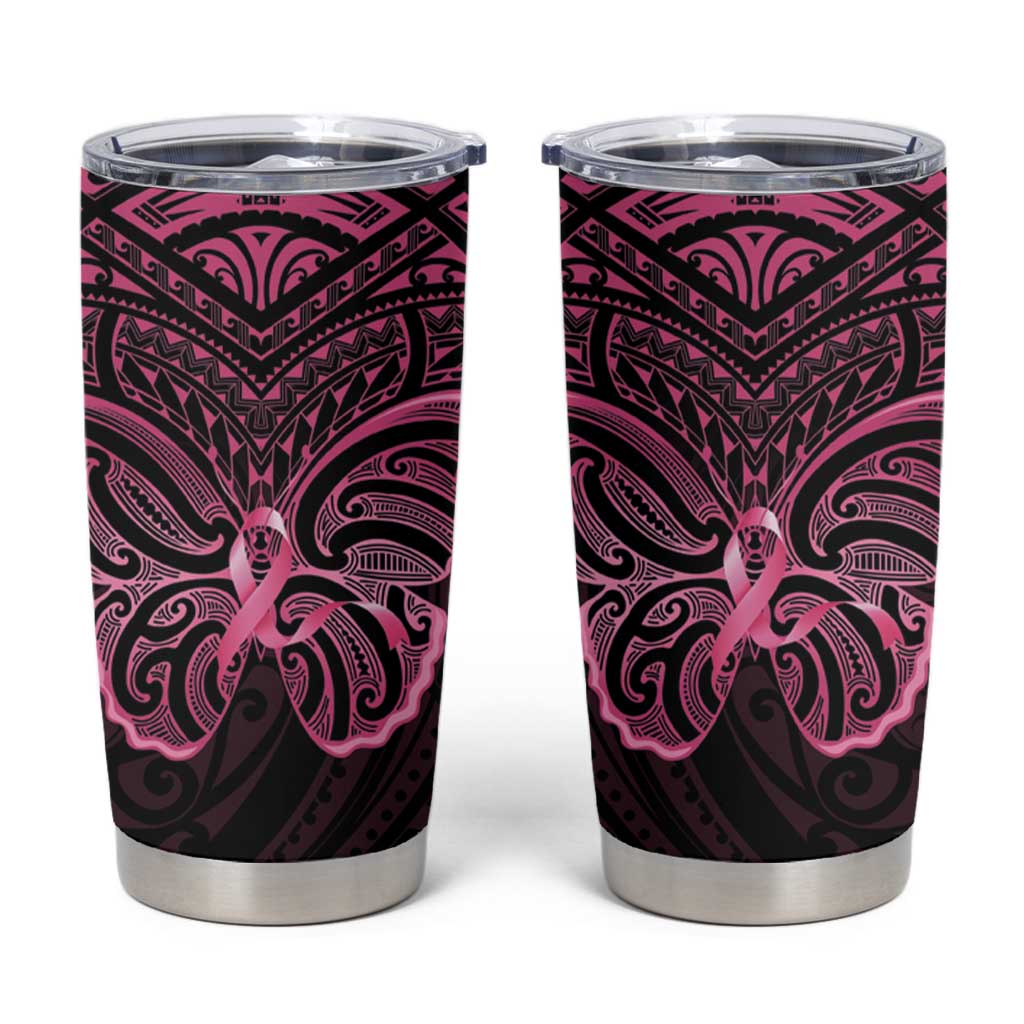 New Zealand Breast Cancer Awareness Tumbler Cup Maori Butterfly Pink Ribbon Black Version - Aussie Hoodie