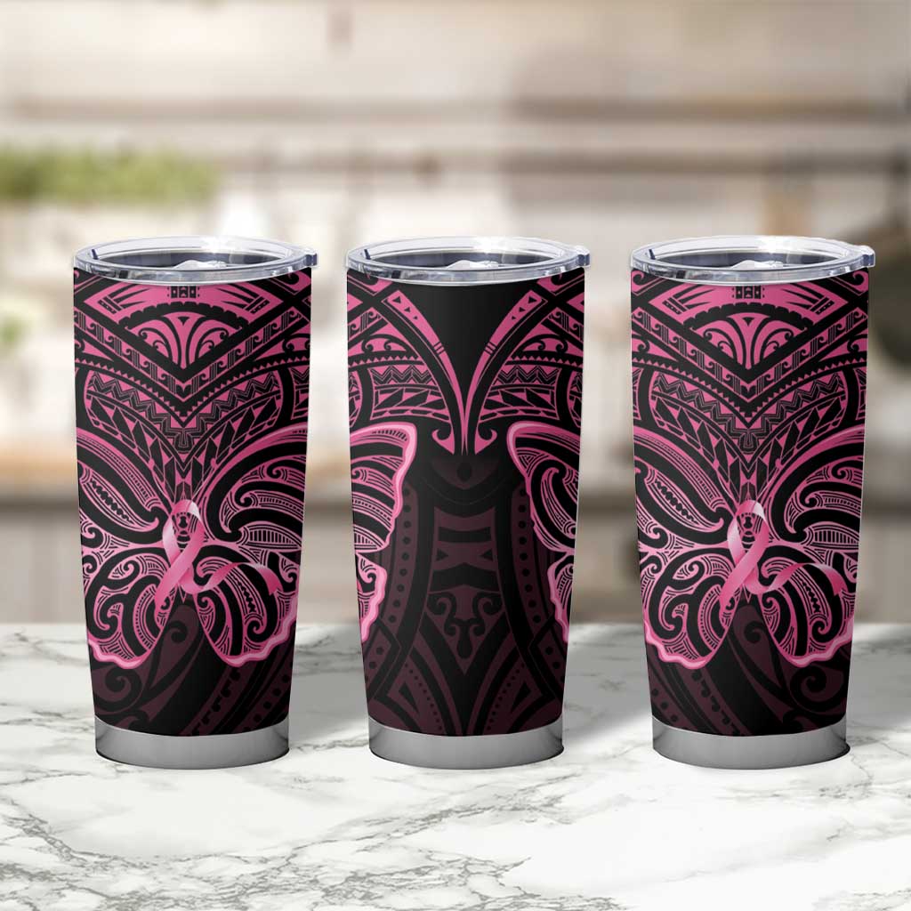 New Zealand Breast Cancer Awareness Tumbler Cup Maori Butterfly Pink Ribbon Black Version - Aussie Hoodie