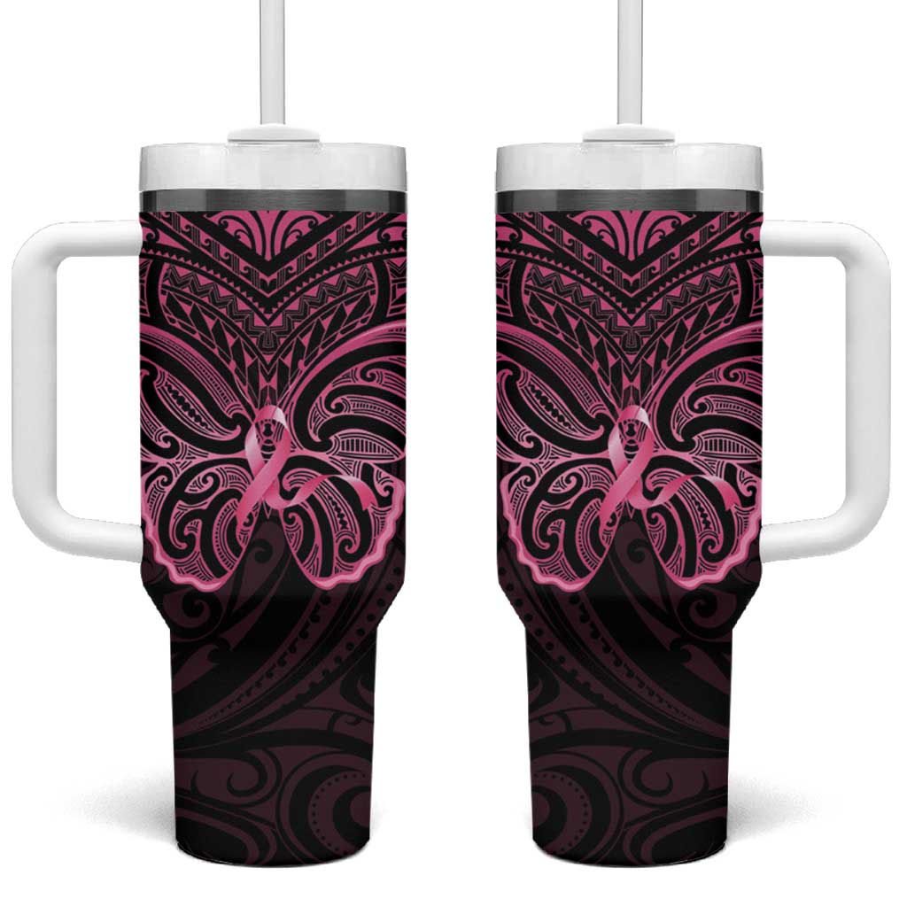 New Zealand Breast Cancer Awareness Tumbler With Handle Maori Butterfly Pink Ribbon Black Version - Aussie Hoodie