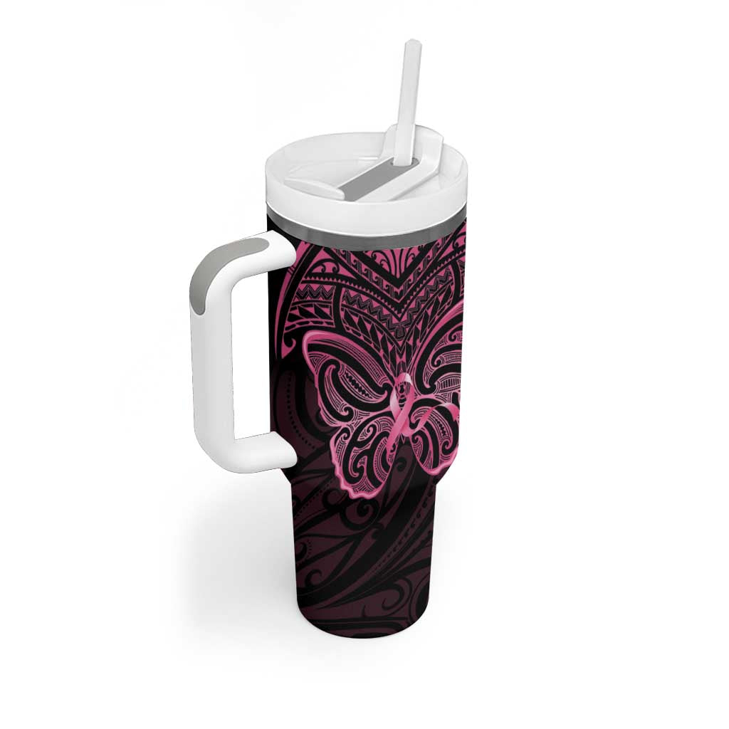New Zealand Breast Cancer Awareness Tumbler With Handle Maori Butterfly Pink Ribbon Black Version - Aussie Hoodie