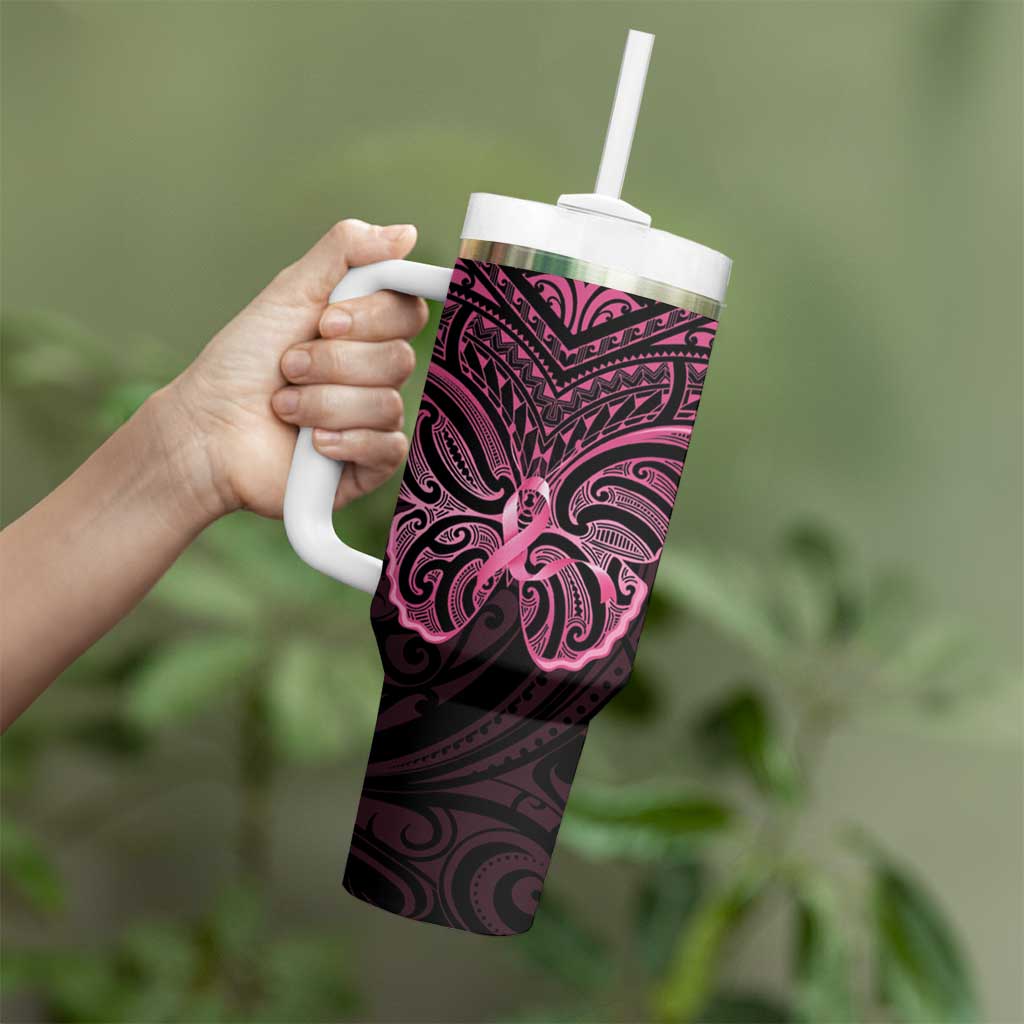 New Zealand Breast Cancer Awareness Tumbler With Handle Maori Butterfly Pink Ribbon Black Version - Aussie Hoodie