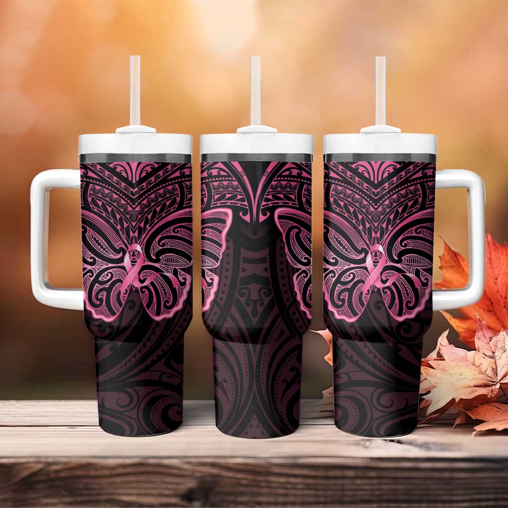 New Zealand Breast Cancer Awareness Tumbler With Handle Maori Butterfly Pink Ribbon Black Version - Aussie Hoodie