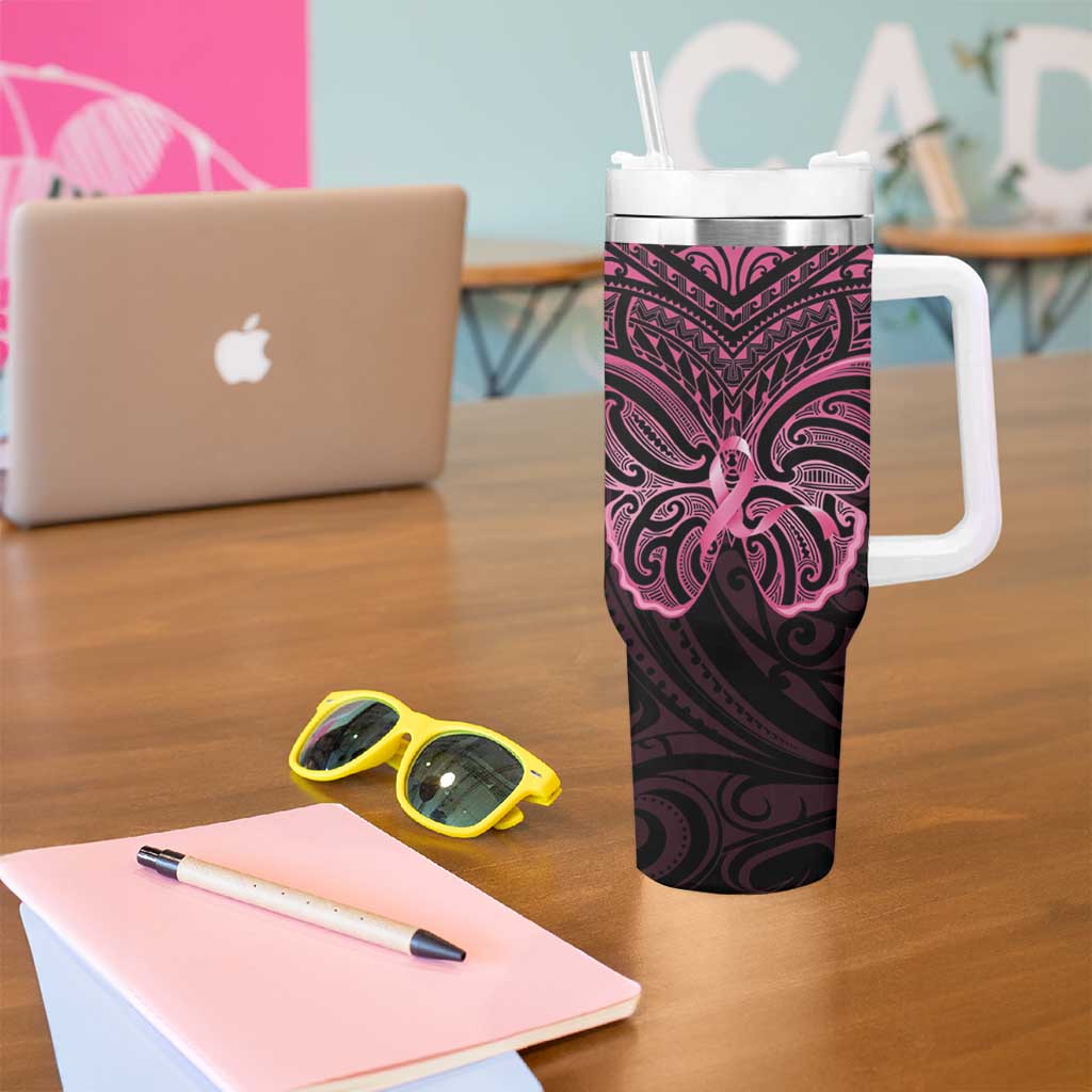 New Zealand Breast Cancer Awareness Tumbler With Handle Maori Butterfly Pink Ribbon Black Version - Aussie Hoodie