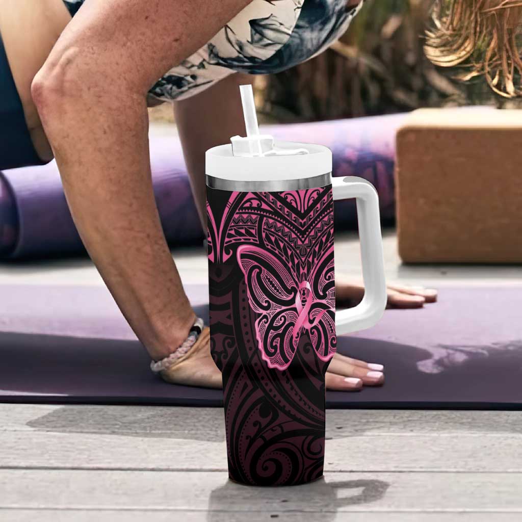 New Zealand Breast Cancer Awareness Tumbler With Handle Maori Butterfly Pink Ribbon Black Version - Aussie Hoodie