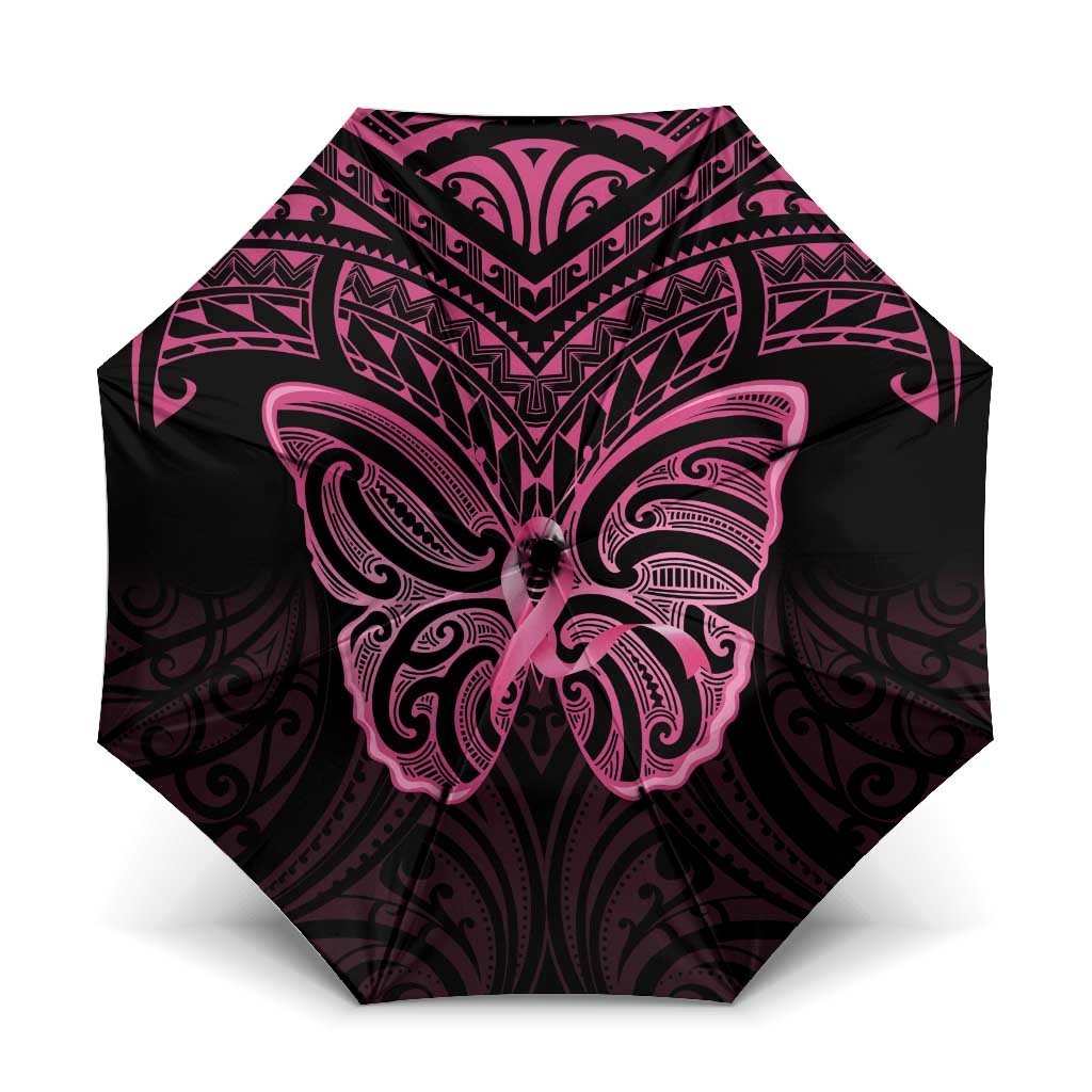 New Zealand Breast Cancer Awareness Umbrella Maori Butterfly Pink Ribbon Black Version - Aussie Hoodie