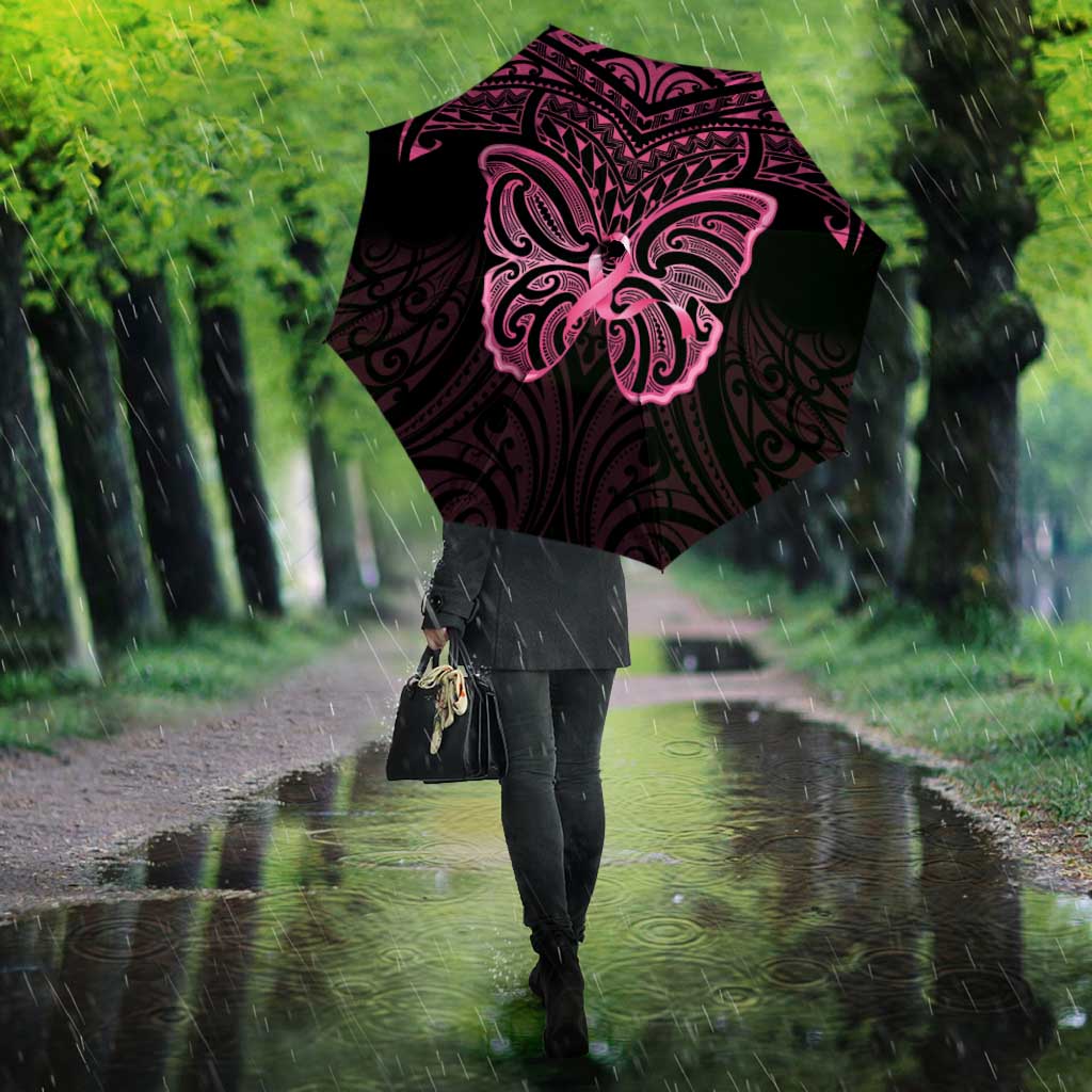 New Zealand Breast Cancer Awareness Umbrella Maori Butterfly Pink Ribbon Black Version - Aussie Hoodie