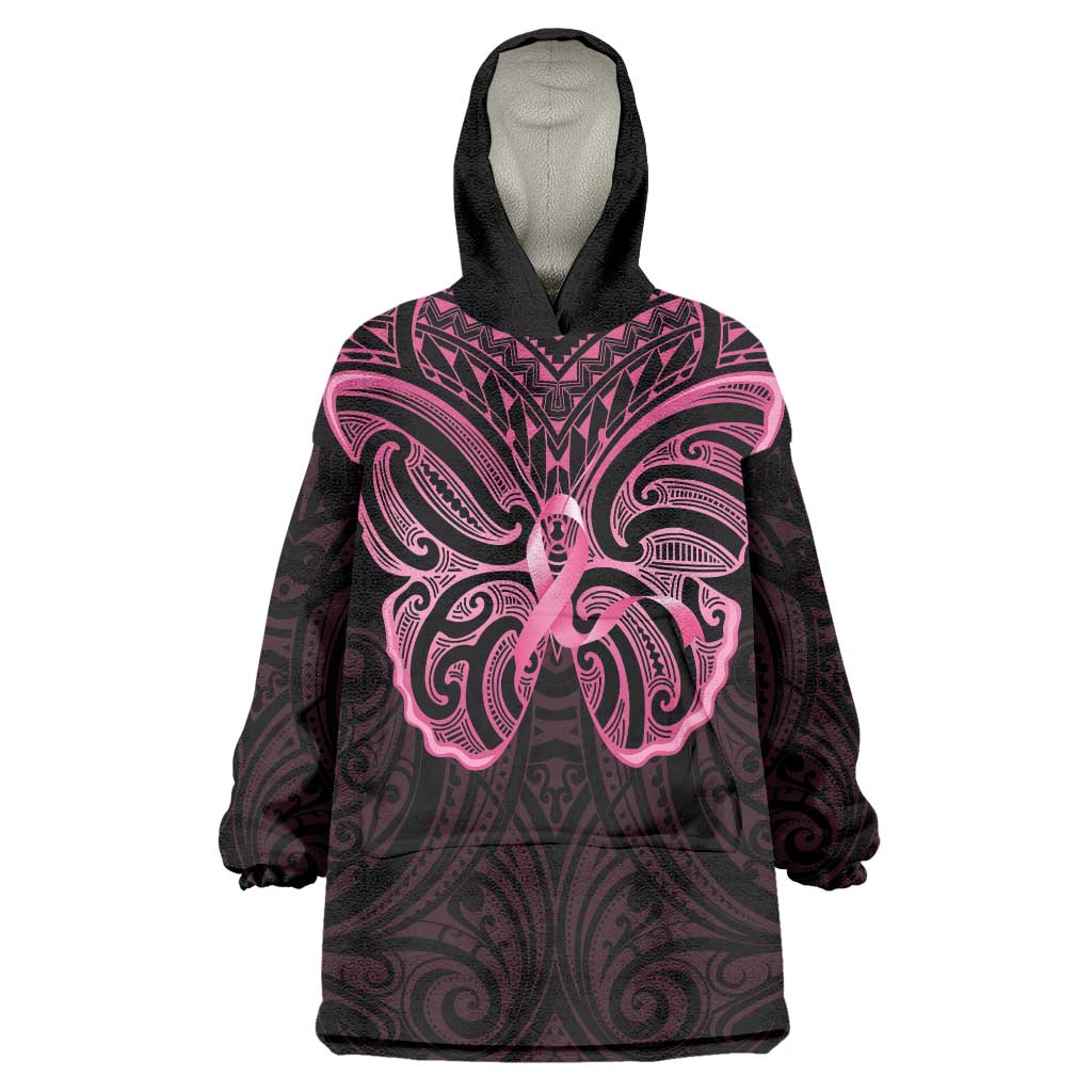 New Zealand Breast Cancer Awareness Wearable Blanket Hoodie Maori Butterfly Pink Ribbon Black Version - Aussie Hoodie