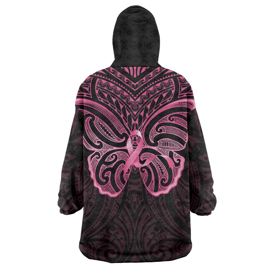 New Zealand Breast Cancer Awareness Wearable Blanket Hoodie Maori Butterfly Pink Ribbon Black Version - Aussie Hoodie