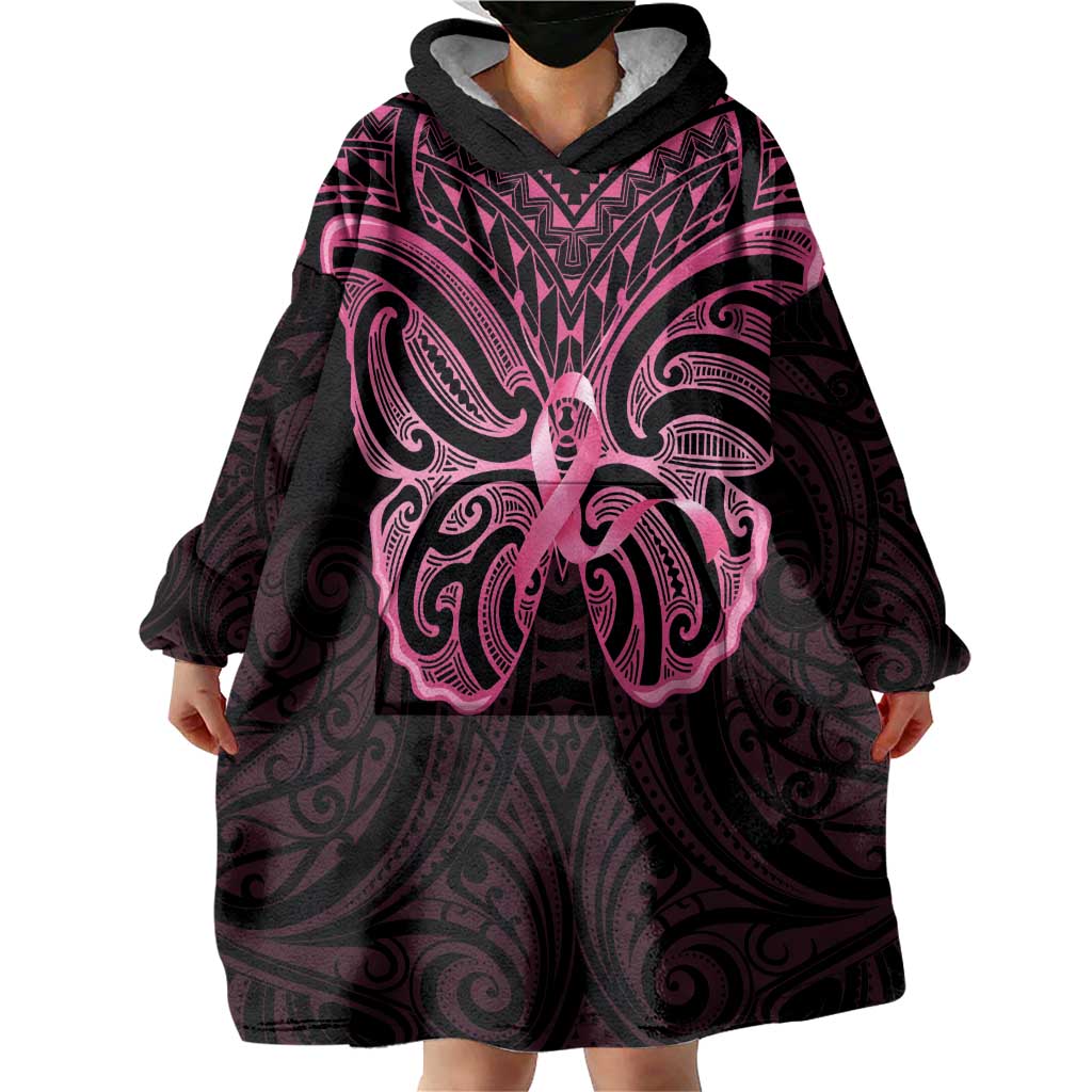 New Zealand Breast Cancer Awareness Wearable Blanket Hoodie Maori Butterfly Pink Ribbon Black Version - Aussie Hoodie