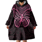 New Zealand Breast Cancer Awareness Wearable Blanket Hoodie Maori Butterfly Pink Ribbon Black Version - Aussie Hoodie