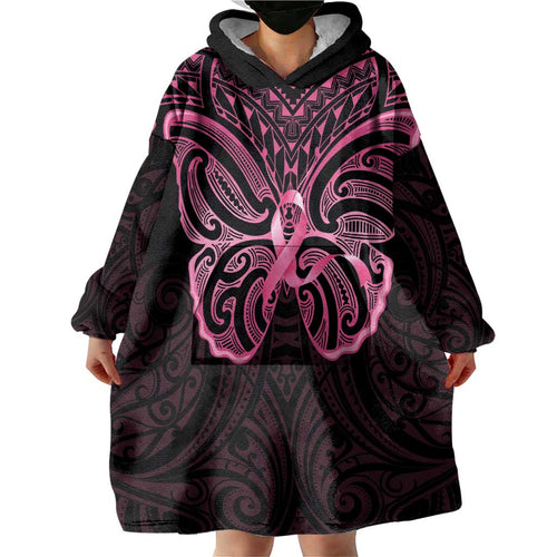 New Zealand Breast Cancer Awareness Wearable Blanket Hoodie Maori Butterfly Pink Ribbon Black Version - Aussie Hoodie