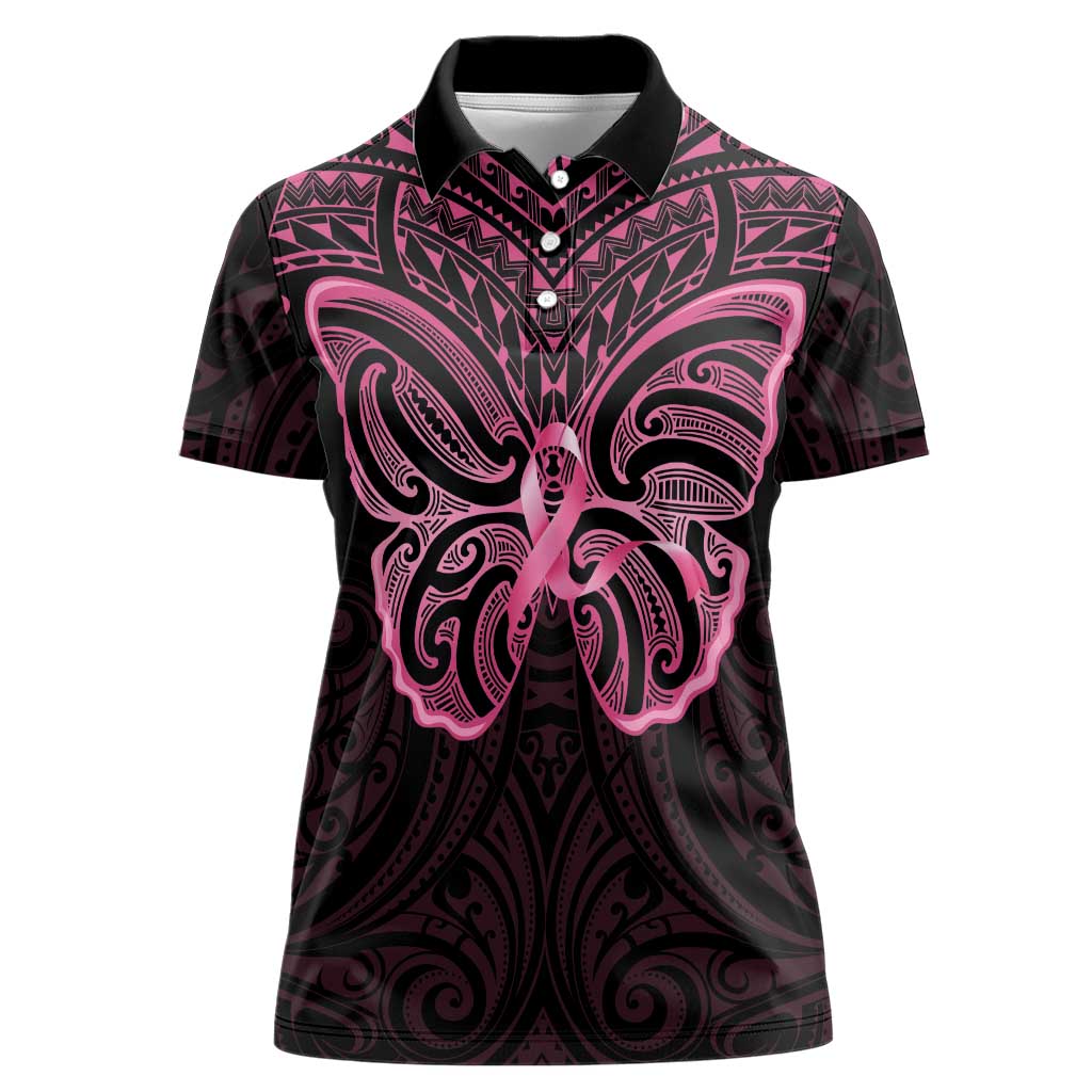 New Zealand Breast Cancer Awareness Women Polo Shirt Maori Butterfly Pink Ribbon Black Version - Aussie Hoodie
