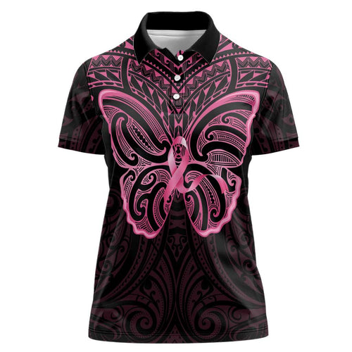 New Zealand Breast Cancer Awareness Women Polo Shirt Maori Butterfly Pink Ribbon Black Version - Aussie Hoodie