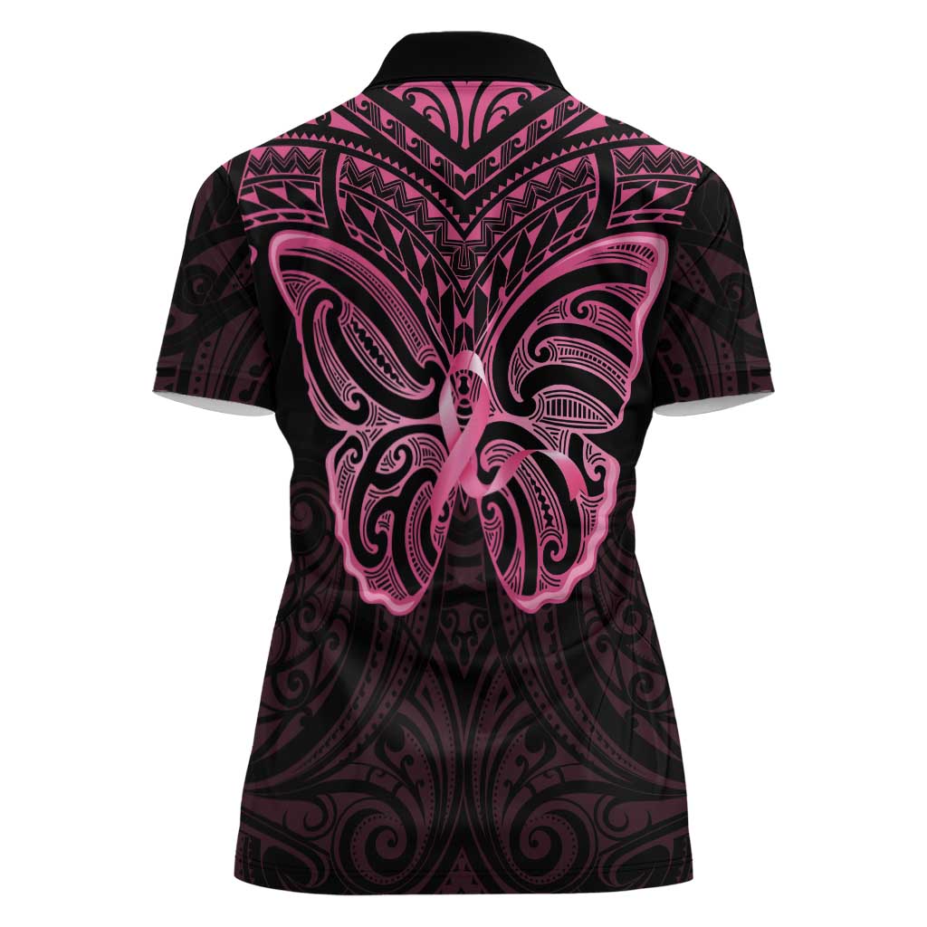 New Zealand Breast Cancer Awareness Women Polo Shirt Maori Butterfly Pink Ribbon Black Version - Aussie Hoodie