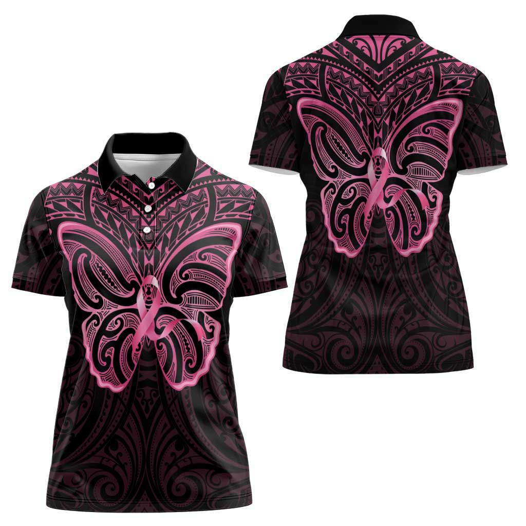New Zealand Breast Cancer Awareness Women Polo Shirt Maori Butterfly Pink Ribbon Black Version - Aussie Hoodie