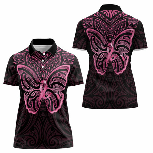 New Zealand Breast Cancer Awareness Women Polo Shirt Maori Butterfly Pink Ribbon Black Version - Aussie Hoodie